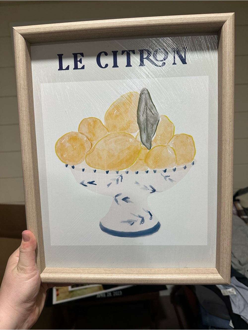 Citron Yellow Lemon Bowl Print with Blue Accents